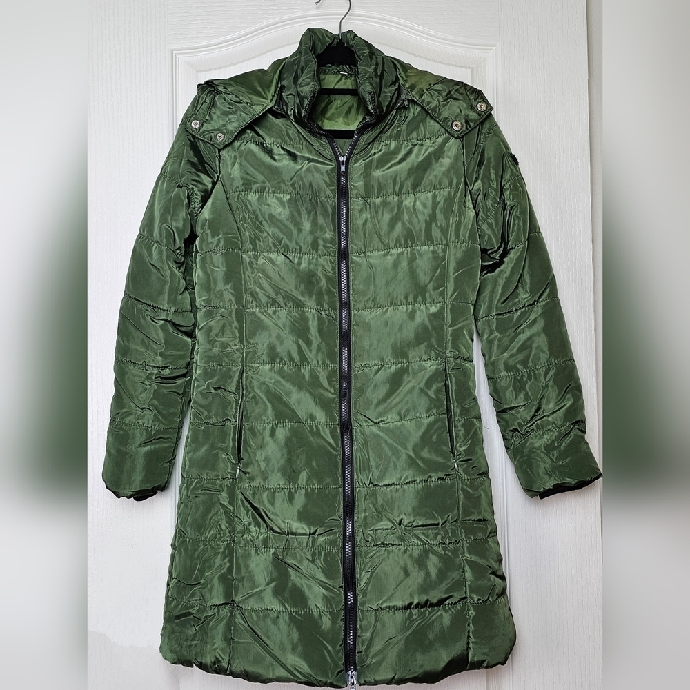 Womens Long Quilted Jacket Lightweight Hooded Puffer Coat SMALL Army Green - Picture 3 of 9